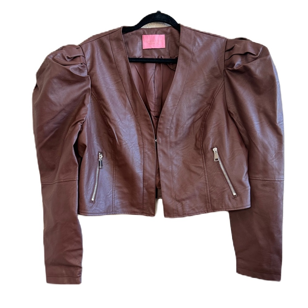 Azela Wang Puff Sleeve Faux Leather Brown Crop Jacket 1x